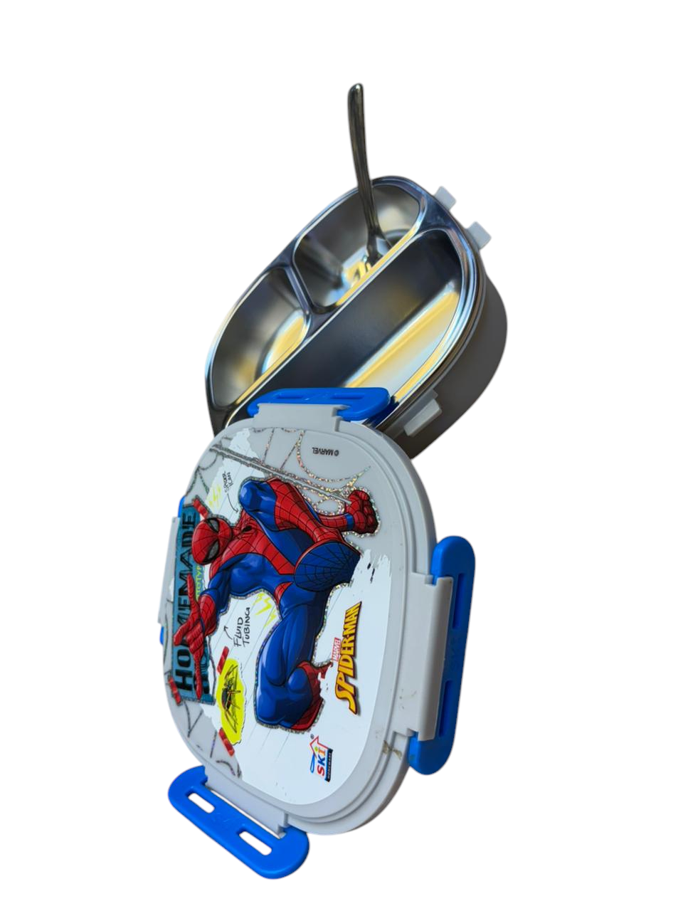 Spider Man Insulated 3 Grid Bento Lunch Box with Stainless Steel Inner & Steel Spoon