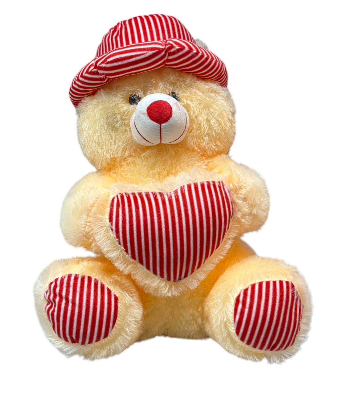 red and white printed taddy bear