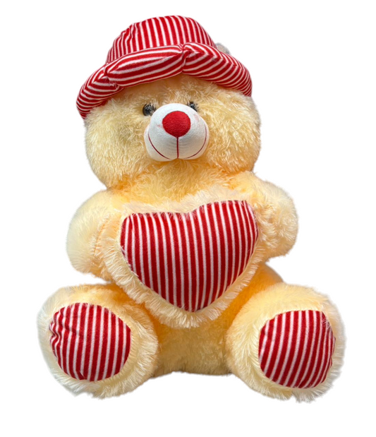 red and white printed taddy bear
