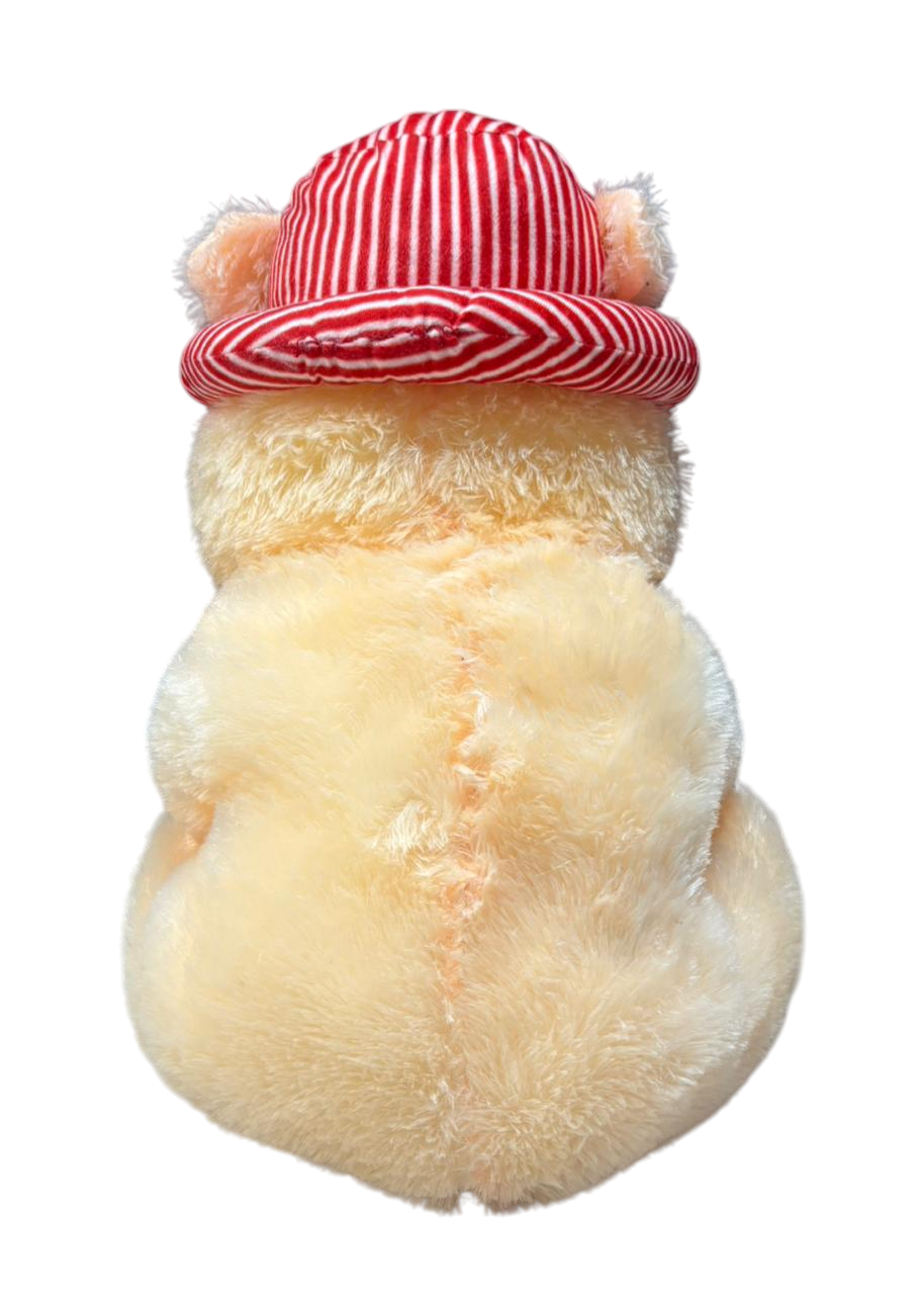 red and white printed taddy bear
