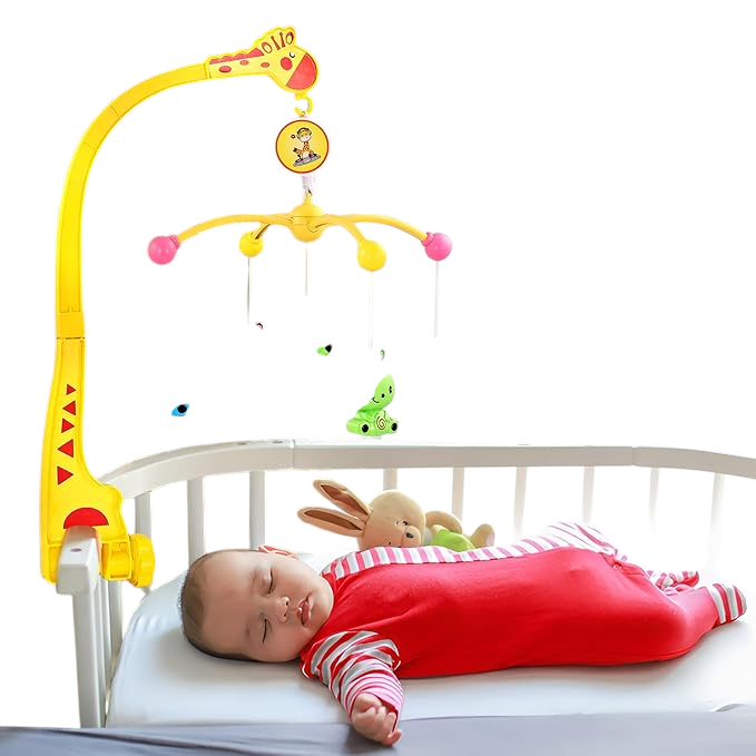 BabyGo Rotating Giraffe Musical Crib Cot Mobile | Hanging Jhoomer Rattle Toy for Baby Cradle, Infant Bed & Nursery Decoration | Newborn Soothing & Early Development Toy (Yellow)