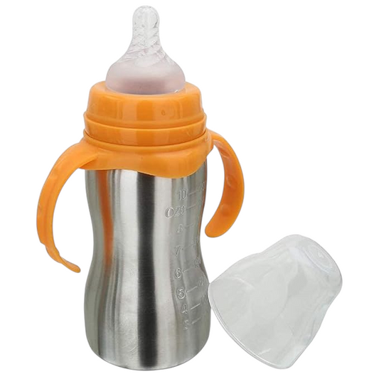Baby love Baby Feeding Bottle in Stainless Steel High Grade Stainless Steel 2 in 1 Sipper and Feeding Bottle with Silicone Nipple for Baby (Orange- 240 ml)