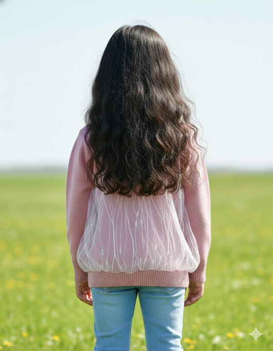 Girls Solid Round Neck Pink Sweater