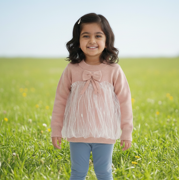Girls Fancy Solid Round Neck Pink Sweater