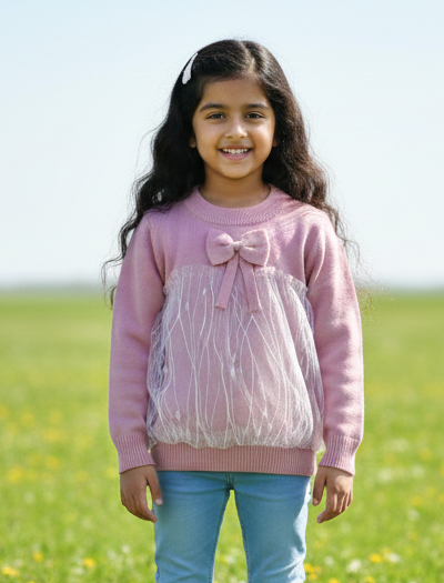 Girls Solid Round Neck Pink Sweater