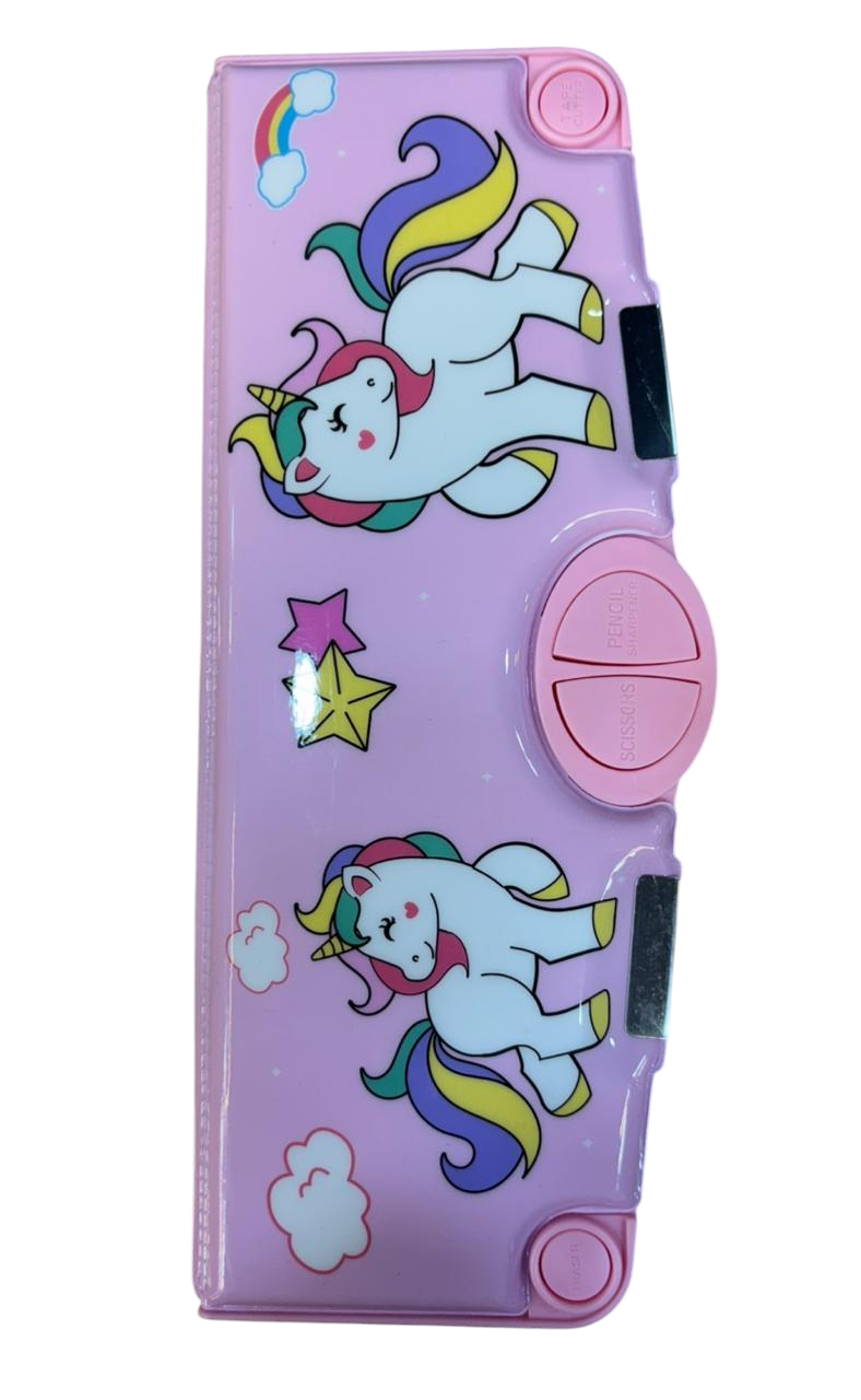 Unicorn Pattern Multi-Function Pencil Box with Scissors, Sharpener, Tape Storage, Pink,