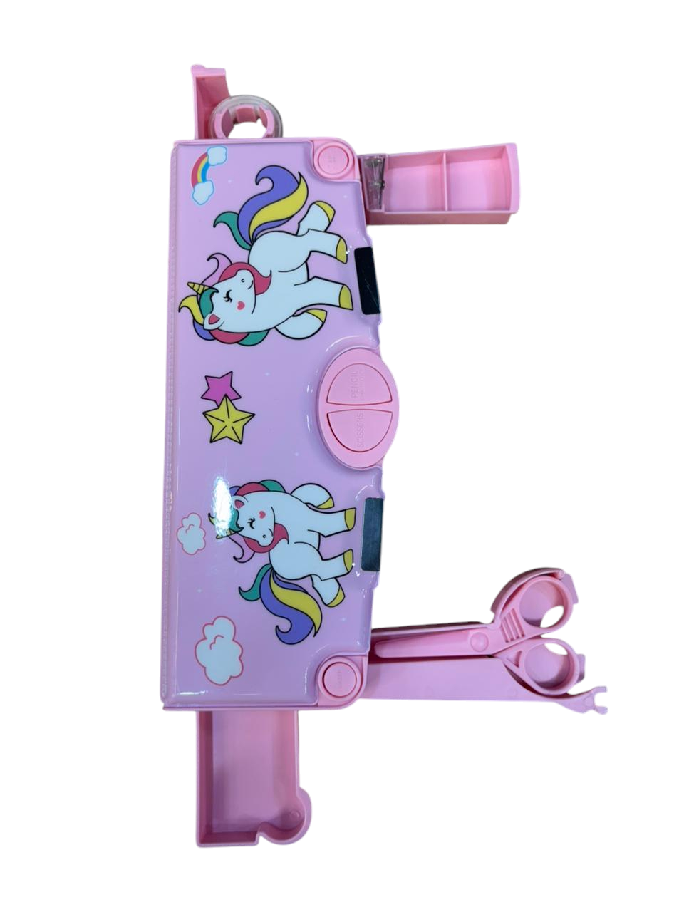 Unicorn Pattern Multi-Function Pencil Box with Scissors, Sharpener, Tape Storage, Pink,