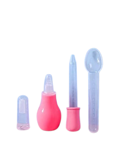 Baby care tools 4 pcs Baby Nasal Aspirator Silicon toothbruss Feeding Medicine Dropper and Spoon - silcon with Plastic (Pink )