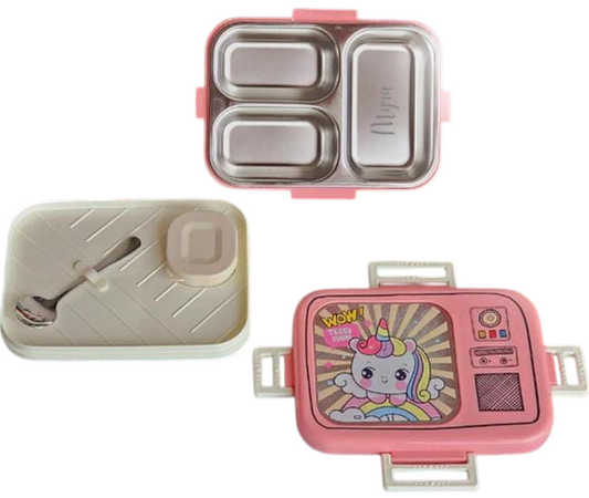 Stainless Steel Unicorn Lunch Box, Unicorn Radio Lunch Box, Insulated Bento Box for School, Leakproof Tiffin Box with 1 Small Container & 1 Spoon, Girls Tiffinbox